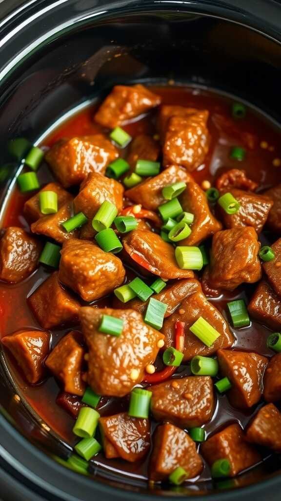 A close-up view of tender beef cubes in a spicy sauce, garnished with green onions.