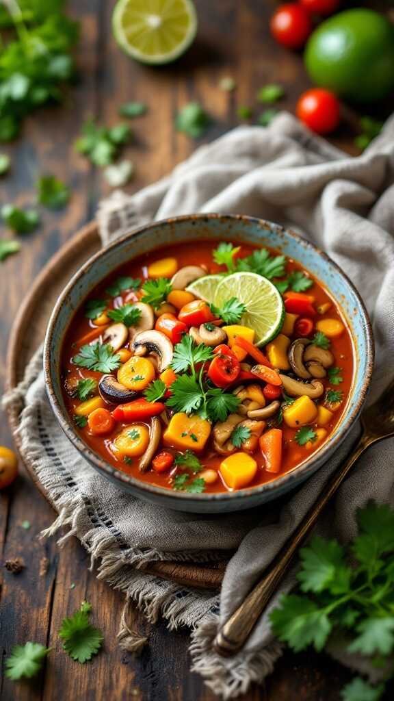 A bowl of spicy Thai soup with vegetables and herbs.