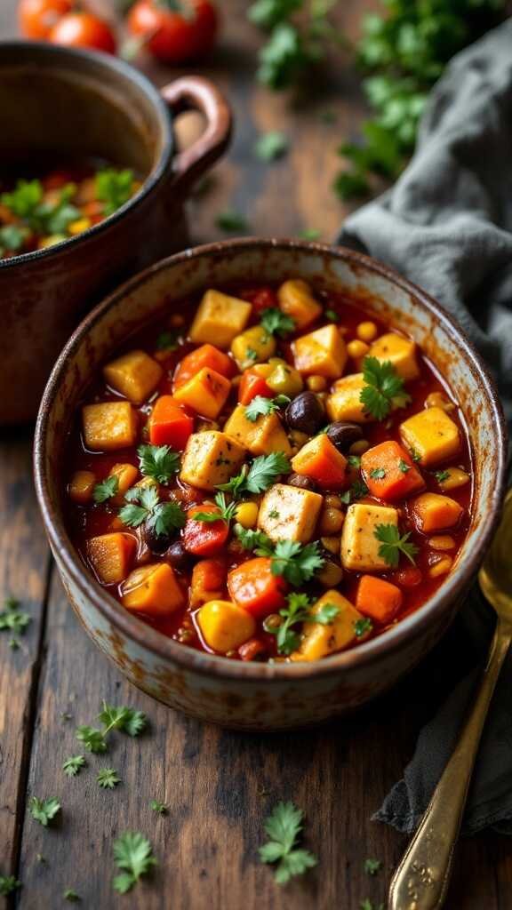 A bowl of spicy tofu and veggie stew garnished with cilantro.