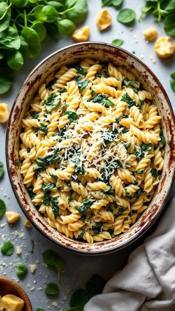 A bowl of creamy spinach and artichoke pasta with a sprinkle of cheese on top.