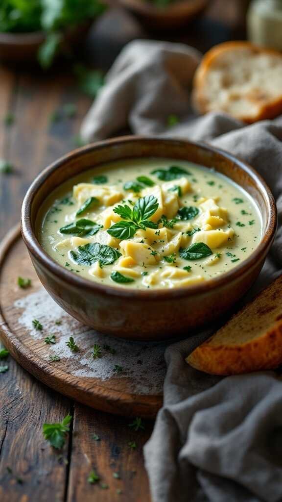 Bowl of creamy spinach and artichoke soup with a slice of bread