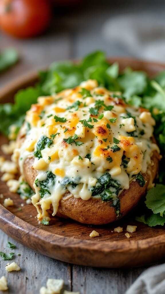 A spinach and artichoke stuffed baked potato topped with melted cheese and herbs.