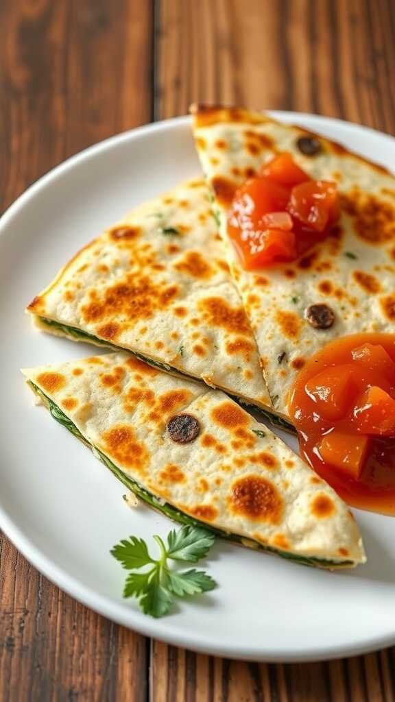 Delicious spinach and feta breakfast quesadilla served with salsa.