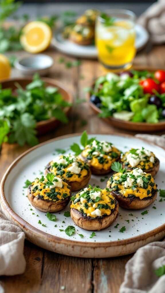 A plate of spinach and feta stuffed mushrooms garnished with parsley.