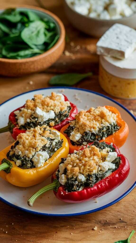 Spinach and feta stuffed colorful bell peppers on a plate