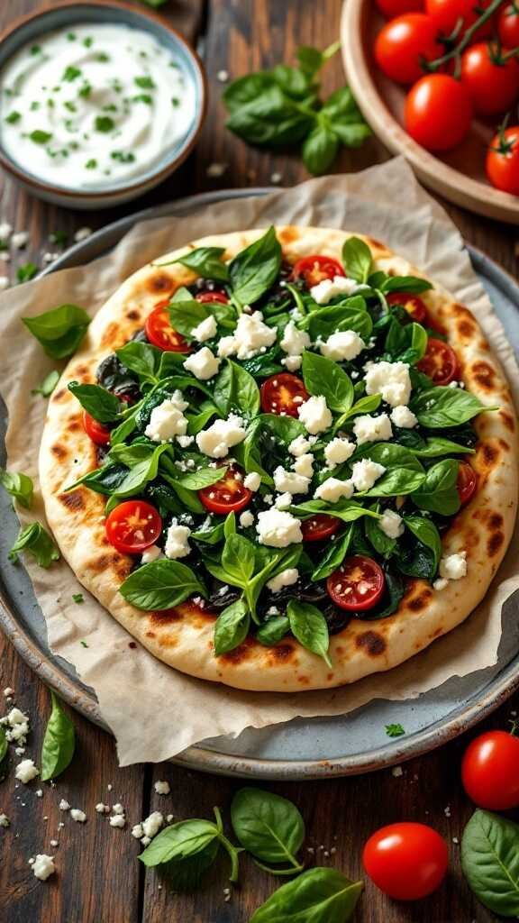 A healthy spinach and feta stuffed pita with cherry tomatoes, ready to eat.