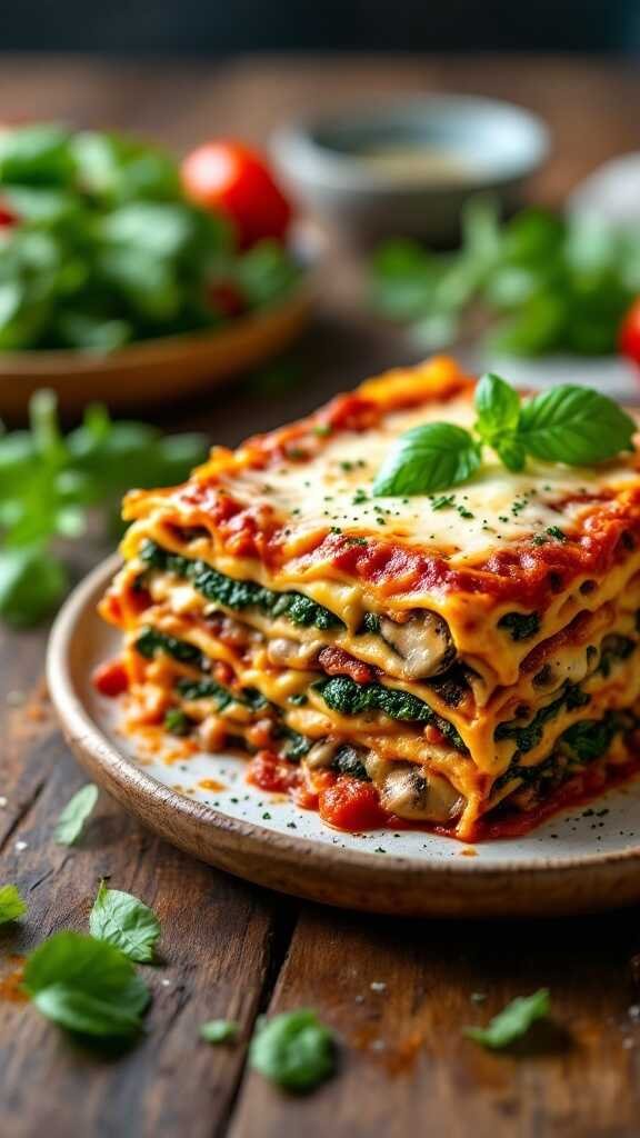 A delicious serving of spinach and mushroom lasagna layered with cheese and tomato sauce.