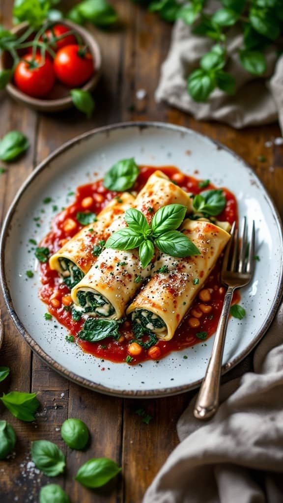 A plate of spinach and ricotta cannelloni topped with fresh basil, served in marinara sauce.