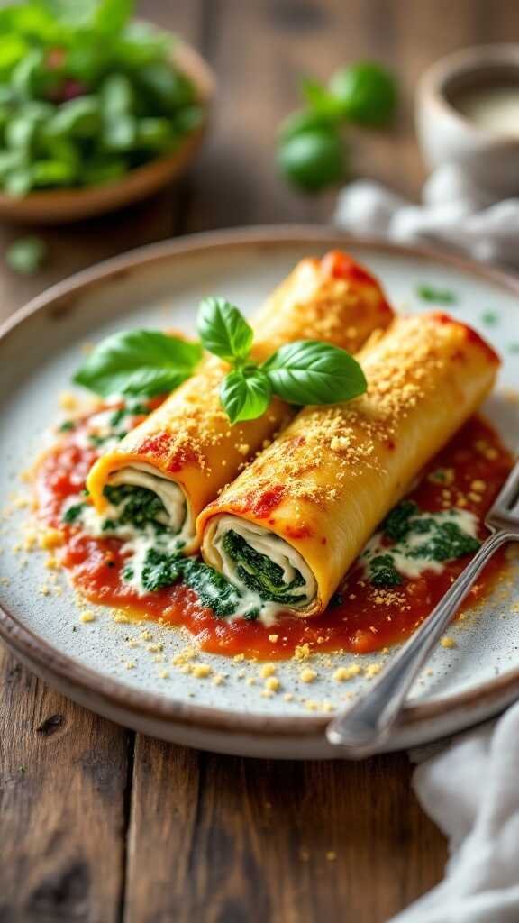 A plate of spinach and ricotta cannelloni with tomato sauce and fresh basil.