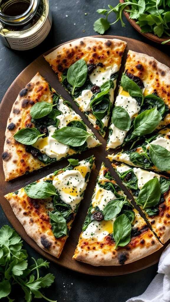 Spinach and Ricotta Pizza with slices garnished with fresh basil