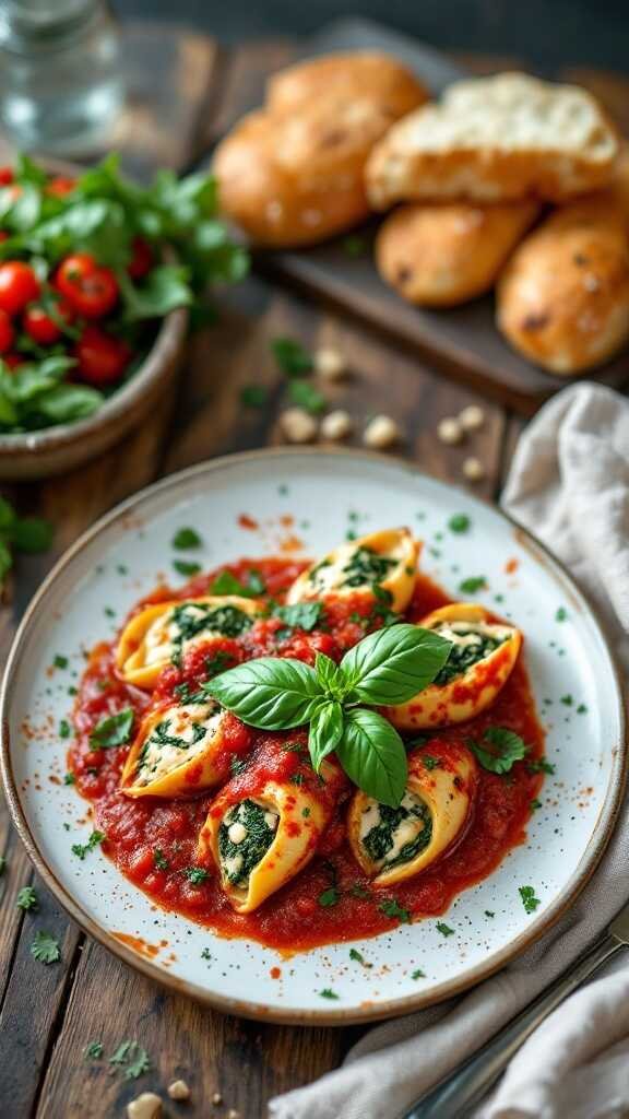 Delicious spinach and ricotta stuffed shells served with marinara sauce and garnished with basil.