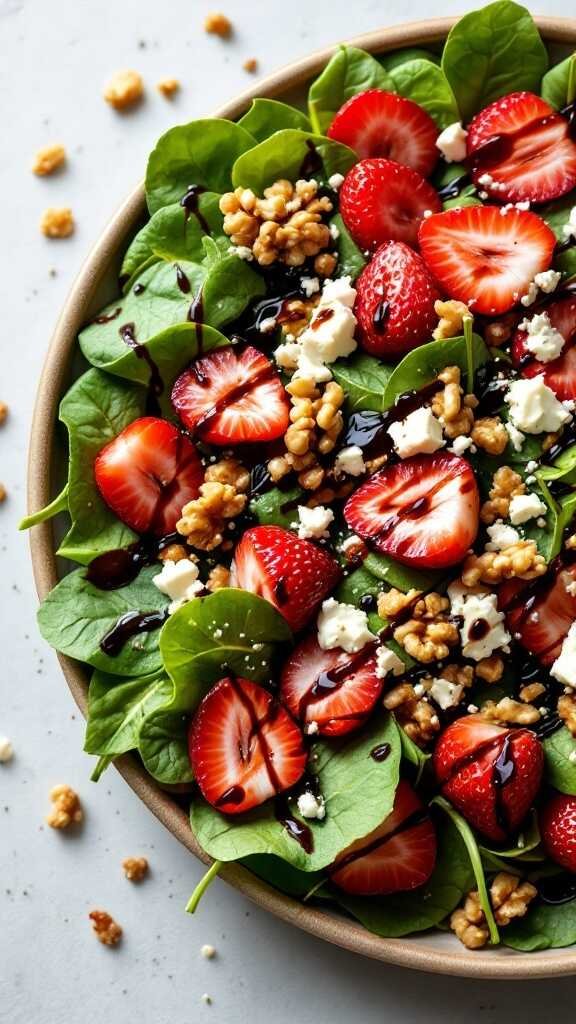 A vibrant Spinach and Strawberry Salad with walnuts and feta cheese.