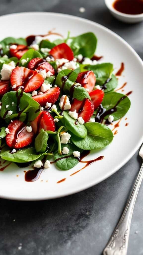 A vibrant Spinach Strawberry Salad with Feta, garnished with balsamic vinaigrette.