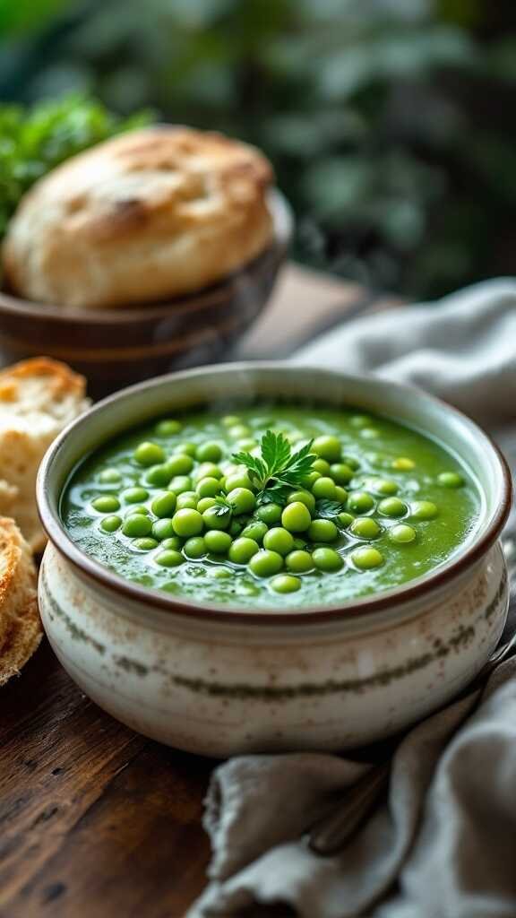 A bowl of split pea soup garnished with green peas and parsley, alongside some bread.