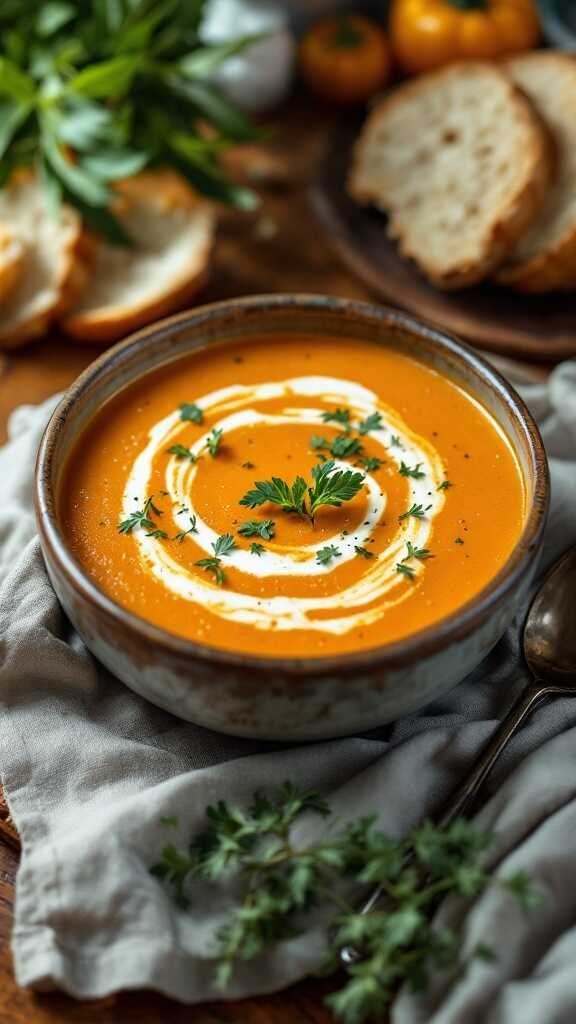 A bowl of creamy squash and sweet potato soup garnished with herbs.