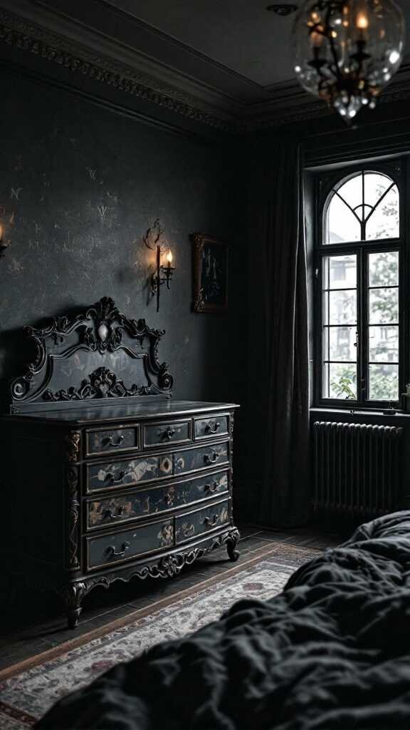 Decorative dark dresser in a moody bedroom