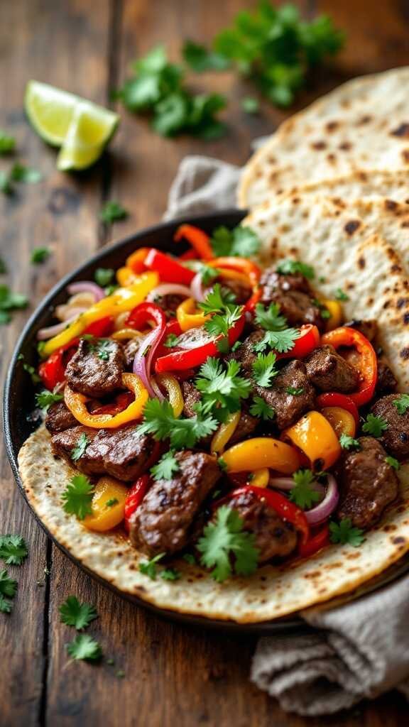 A plate of steak fajitas with colorful peppers and onions, served with tortillas.