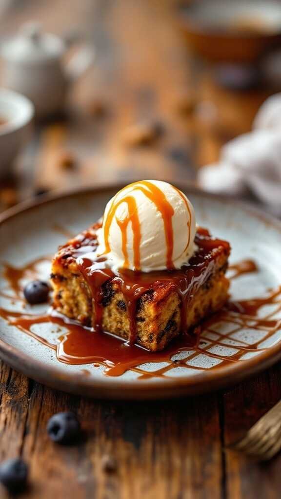 A delicious serving of sticky toffee pudding topped with ice cream and caramel sauce