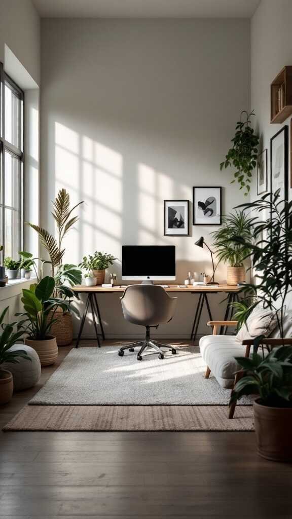 A modern home office with a desk, computer, plants, and comfortable seating.