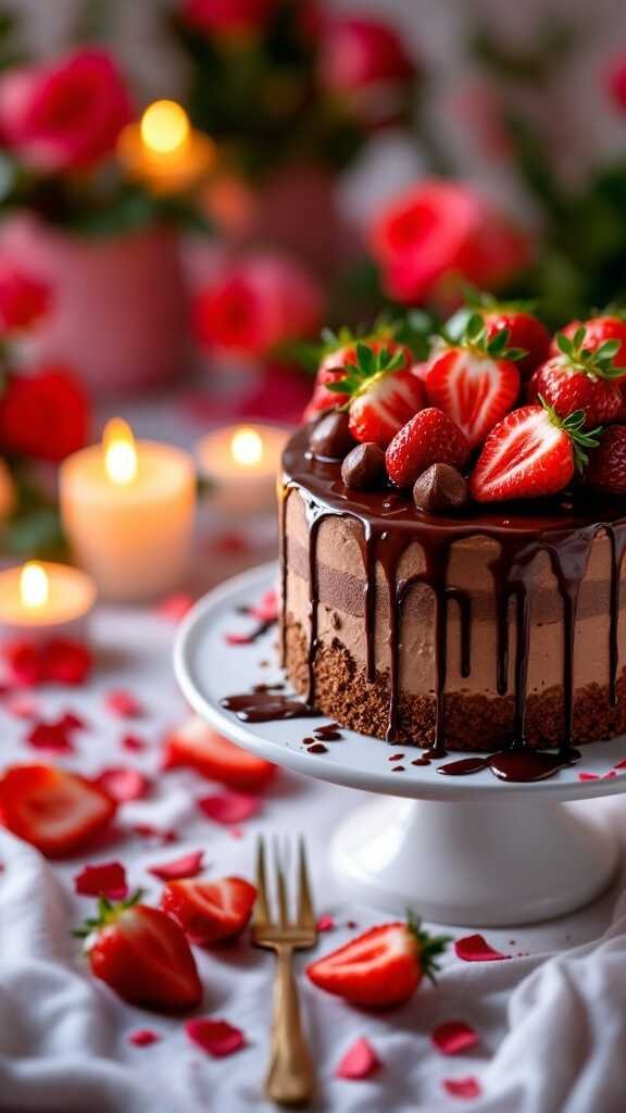 A delicious Strawberry Chocolate Mousse Cake with fresh strawberries and chocolate drizzle.