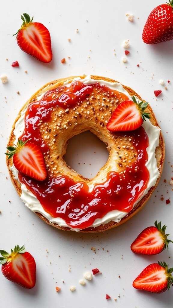 A delicious bagel topped with cream cheese and strawberry jam, garnished with fresh strawberries.