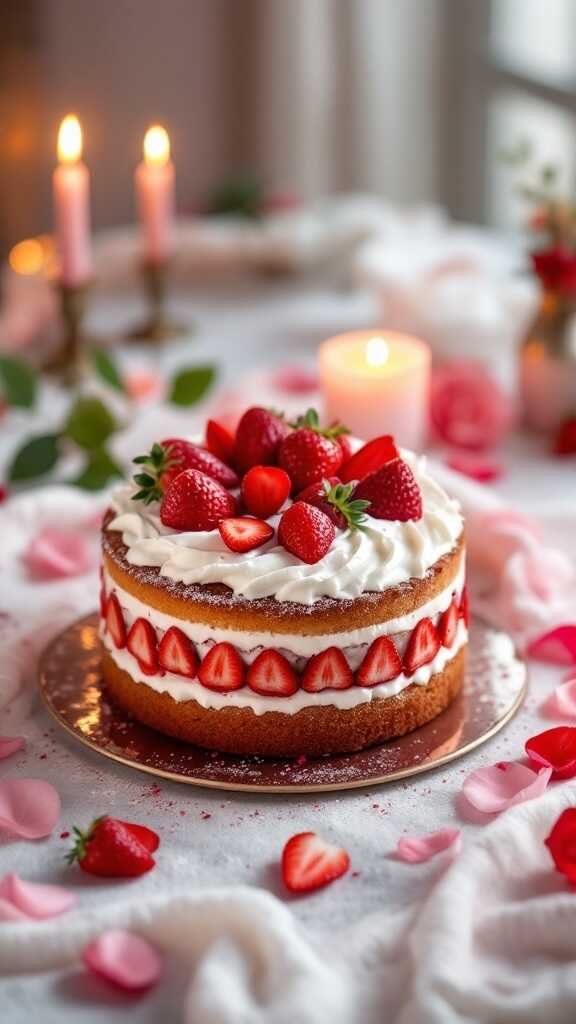 A delicious strawberry pound cake topped with whipped cream and fresh strawberries, perfect for Valentine's Day.
