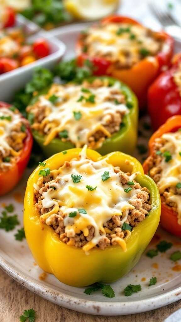 Stuffed bell peppers with ground turkey and cheese.