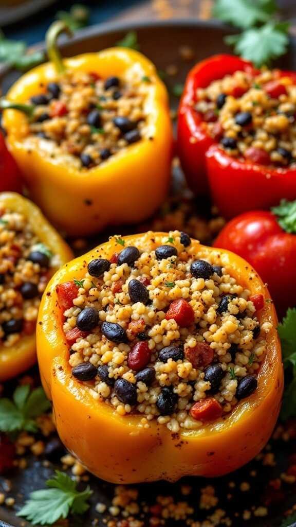 Stuffed bell peppers filled with quinoa, black beans, and tomatoes, garnished with cilantro.