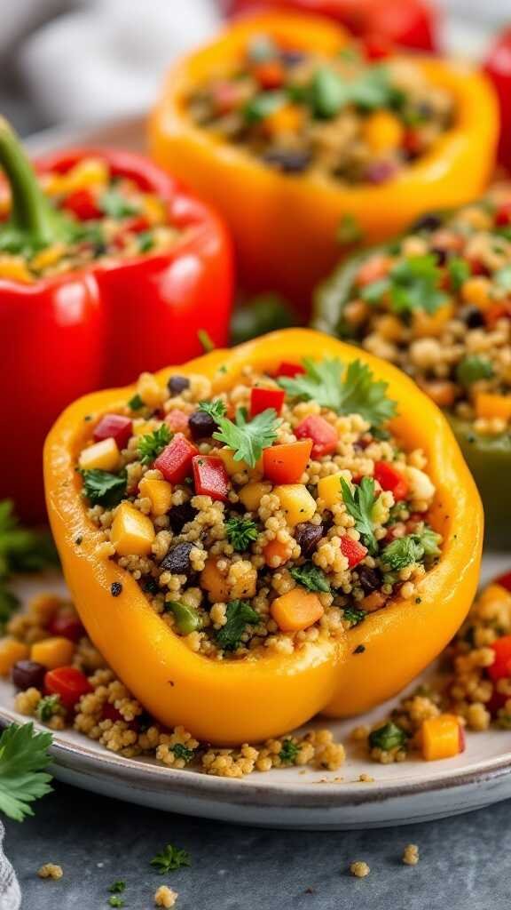 Colorful stuffed bell peppers filled with quinoa, black beans, and vegetables.