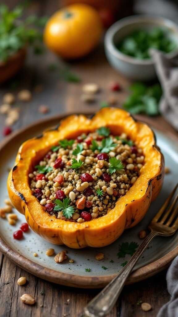 Baked butternut squash filled with a colorful mixture of quinoa, beans, and vegetables.