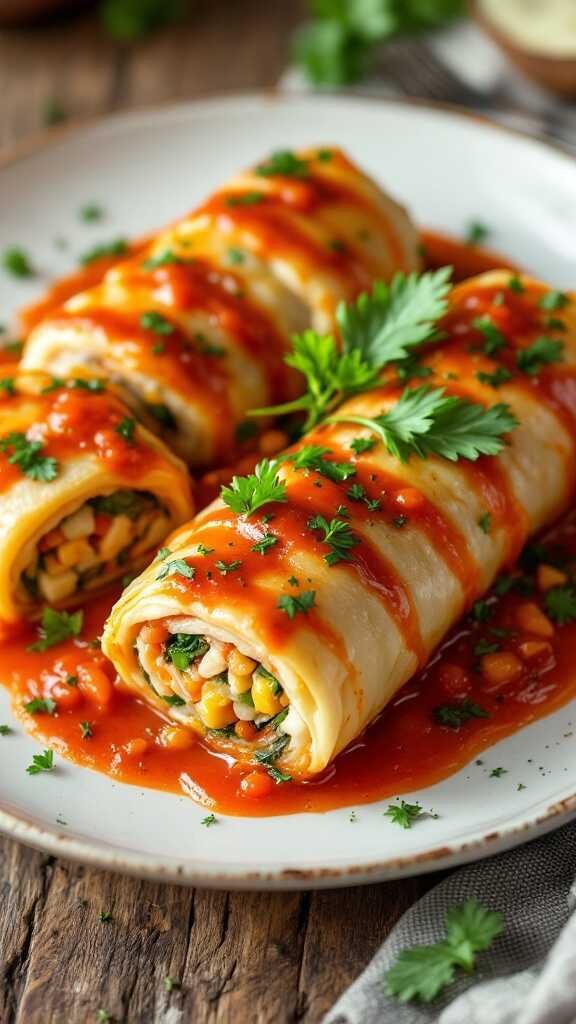 Delicious stuffed cabbage rolls filled with vegetables and topped with tomato sauce.