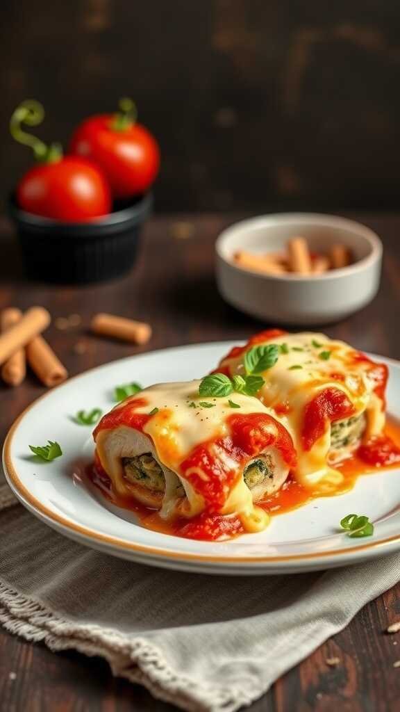 Stuffed chicken breasts topped with marinara sauce and melted cheese on a plate.