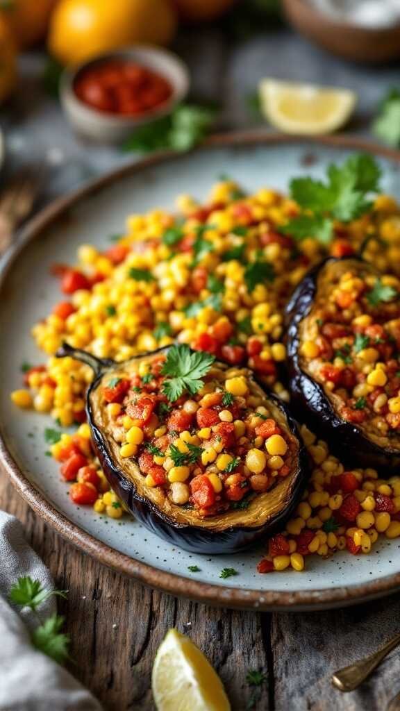 Stuffed eggplant with couscous and colorful vegetables on a plate.