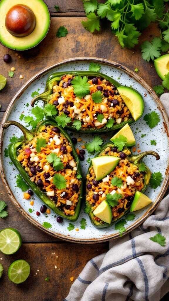 Stuffed poblano peppers with quinoa, black beans, and cheese, garnished with cilantro and lime.