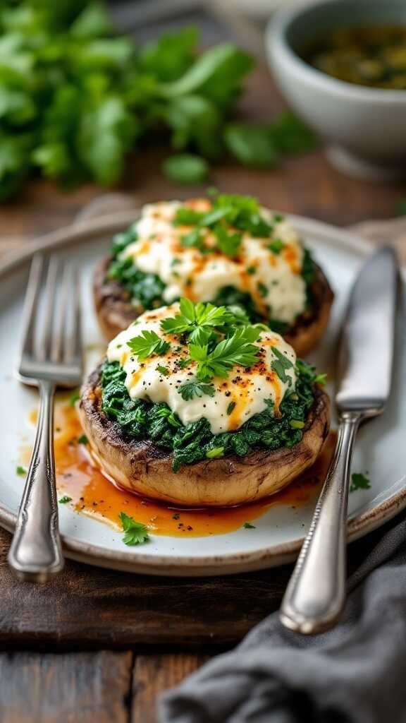 Stuffed Portobello mushrooms topped with ricotta and spinach on a plate.