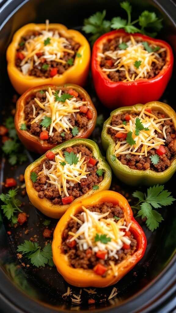 Colorful stuffed taco peppers with ground meat and cheese, garnished with cilantro.