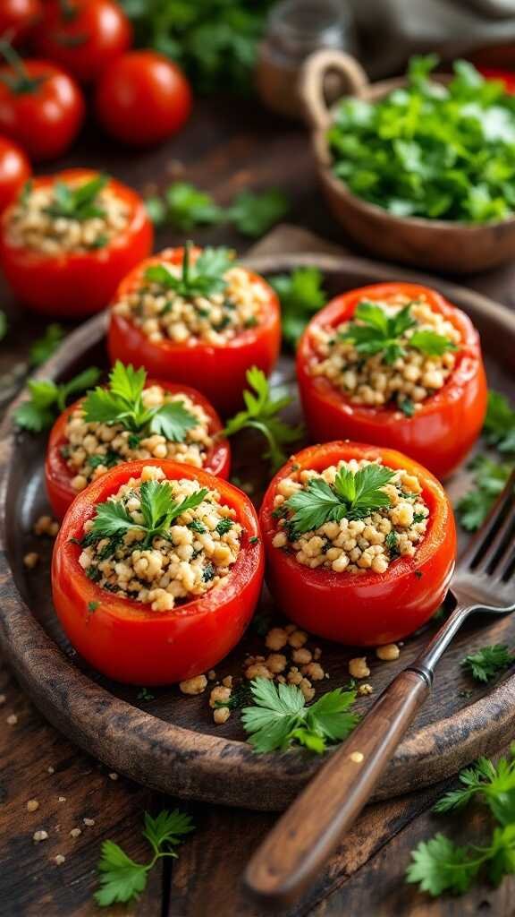 Stuffed tomatoes filled with bulgur, herbs, and spices on a wooden plate.