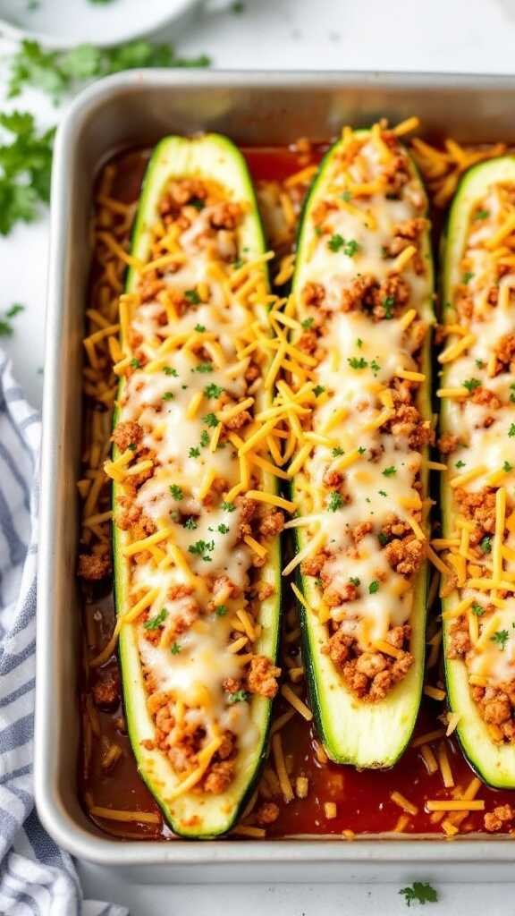 Stuffed zucchini boats filled with ground meat and topped with cheese