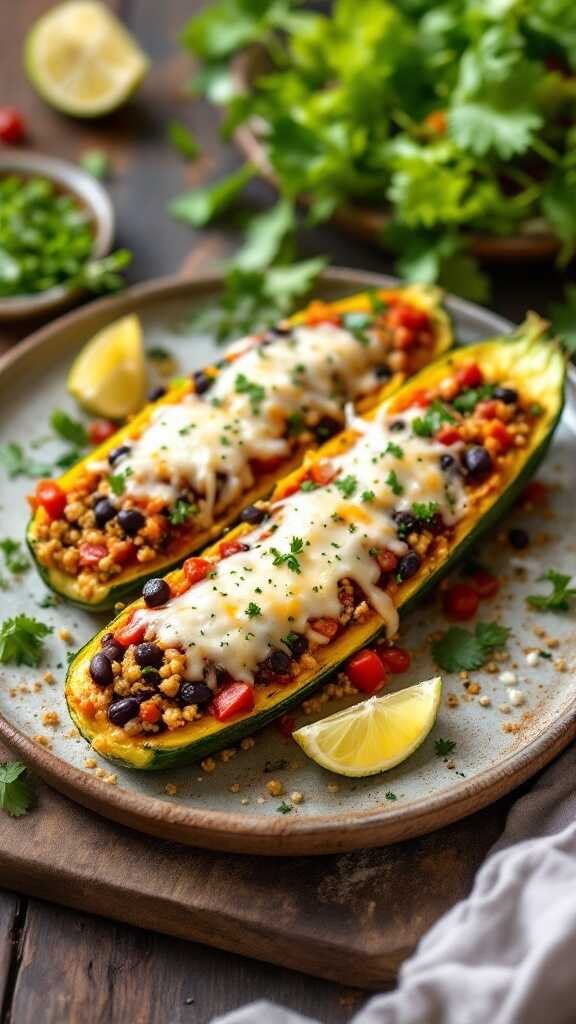 Stuffed zucchini boats filled with quinoa, black beans, and cheese