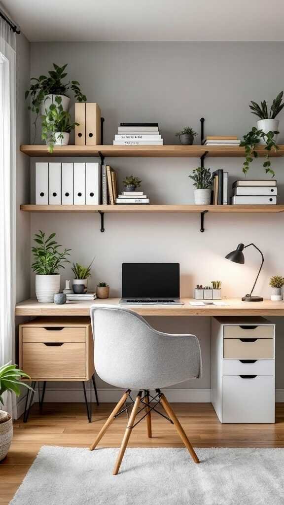 A modern home office with stylish storage solutions, featuring shelves, plants, and a comfortable chair.