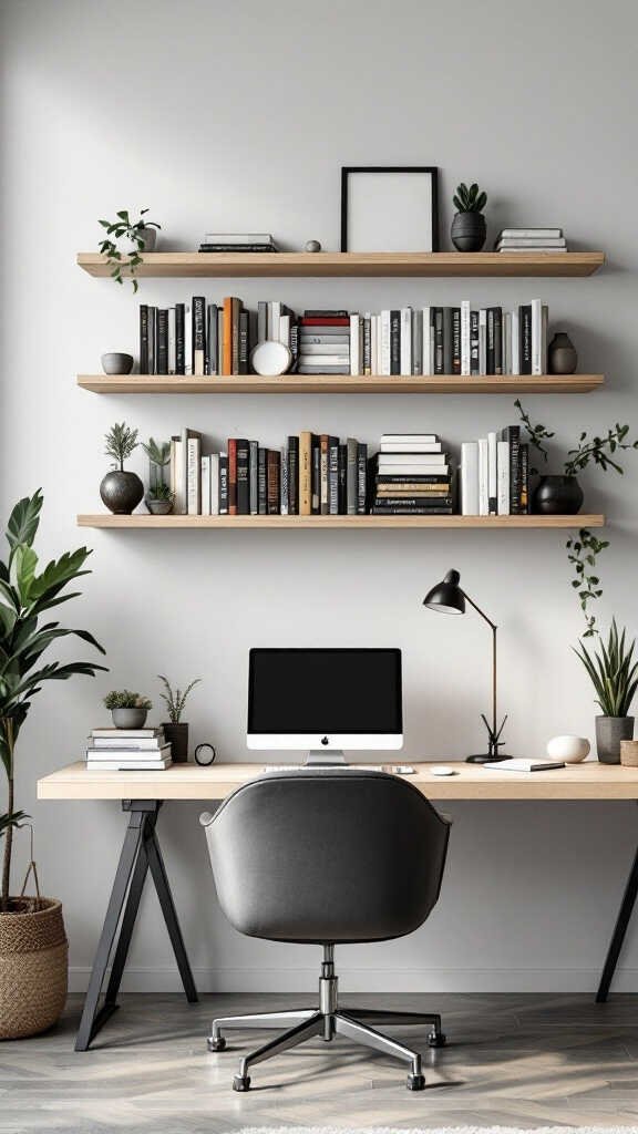 Modern home office with stylish book storage and a sleek desk setup