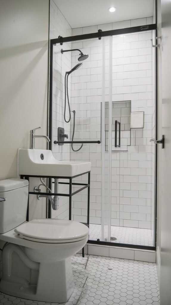 Modern small bathroom with stylish fixtures including a rain shower and sleek sink