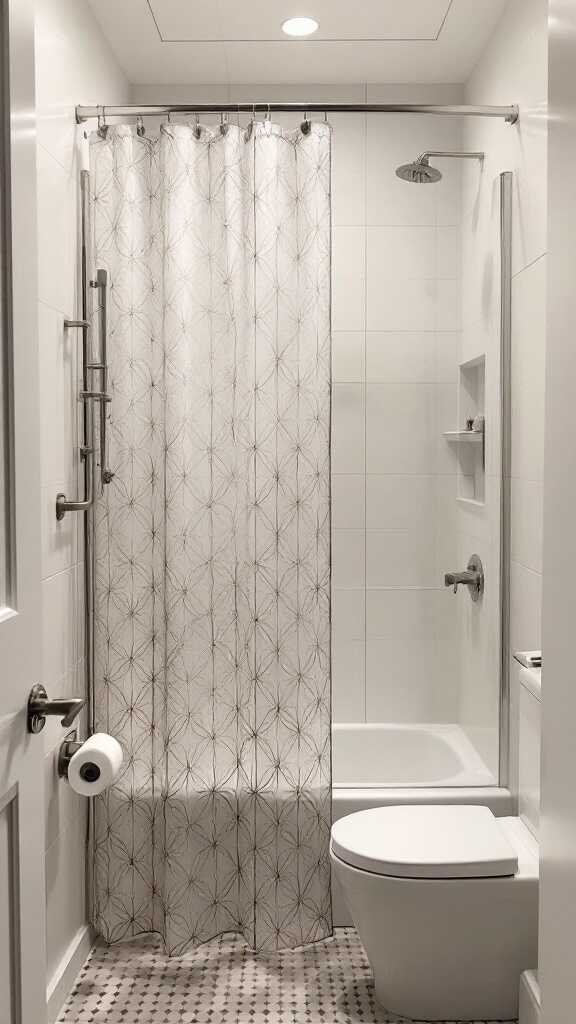 Modern small bathroom with a patterned shower curtain, white tiles, and a clean design.