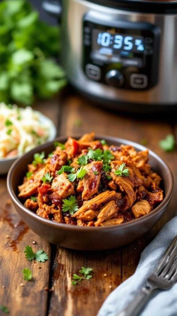 Bowl of sugar-free BBQ pulled chicken with herbs on a wooden table