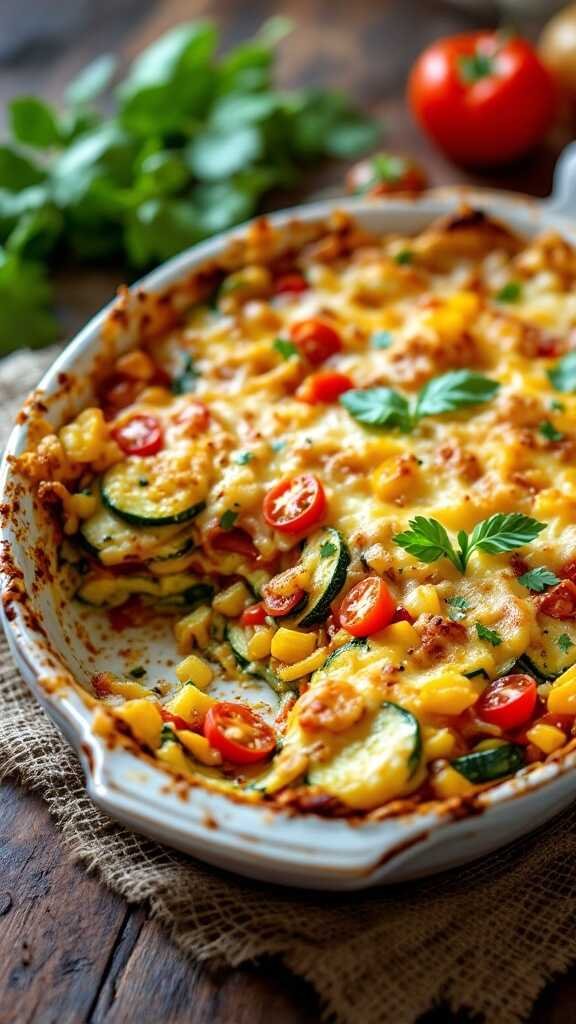 A delicious summer vegetable gratin featuring layers of zucchini, tomatoes, and corn topped with melted cheese.