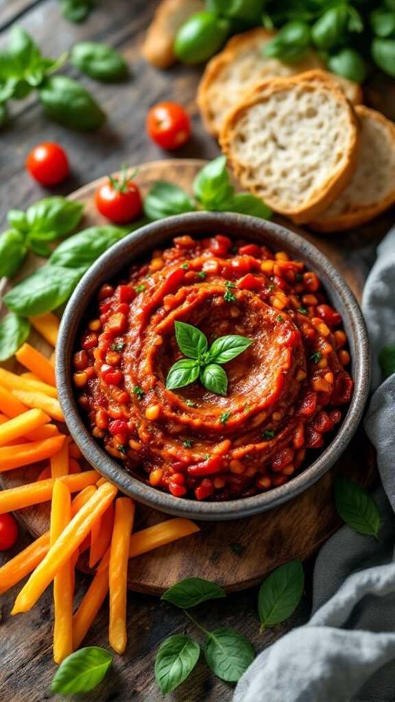 A bowl of sun-dried tomato and basil olive tapenade surrounded by bread and fresh vegetables.