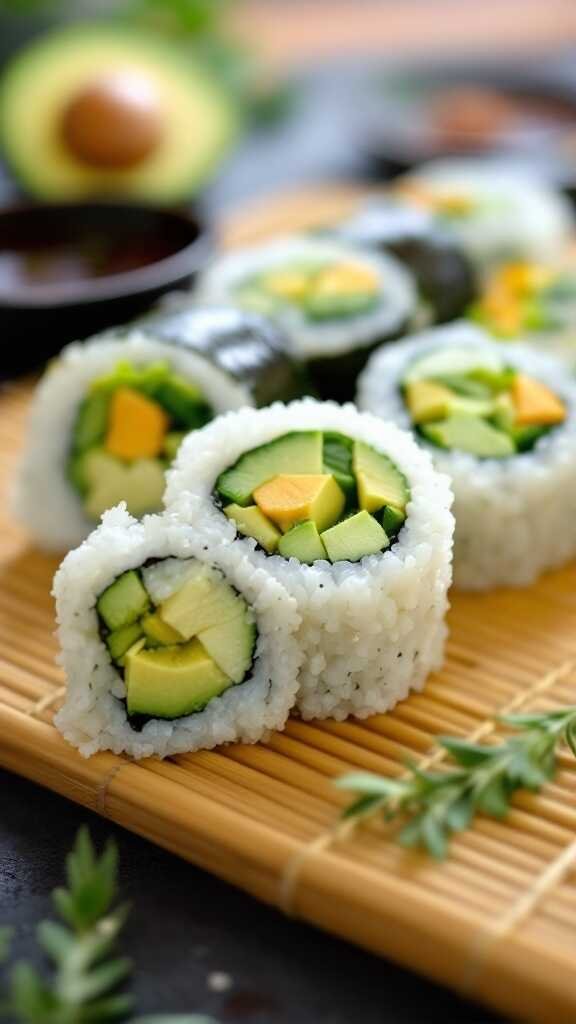 Sushi rolls with avocado and cucumber on a bamboo mat