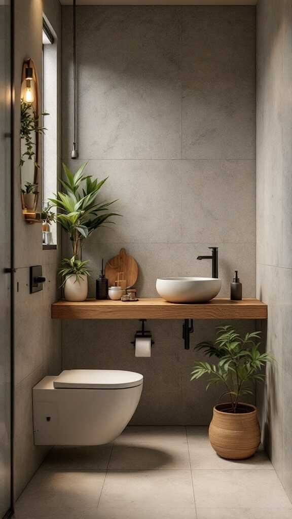 A modern small bathroom featuring a wooden countertop, plants, and energy-efficient lighting.