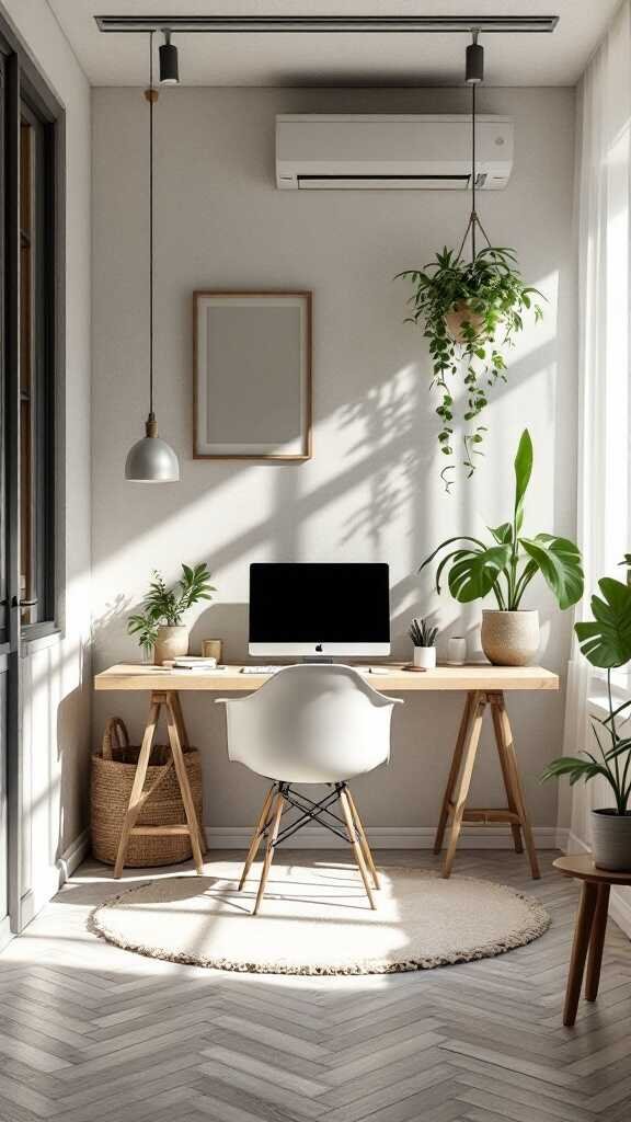 A modern home office with plants and natural light.