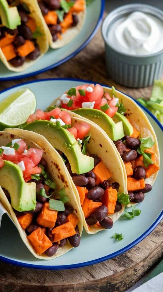 Three vibrant tacos filled with black beans, roasted sweet potatoes, avocado slices, diced tomatoes, and herbs. A lime wedge and sour cream are nearby.